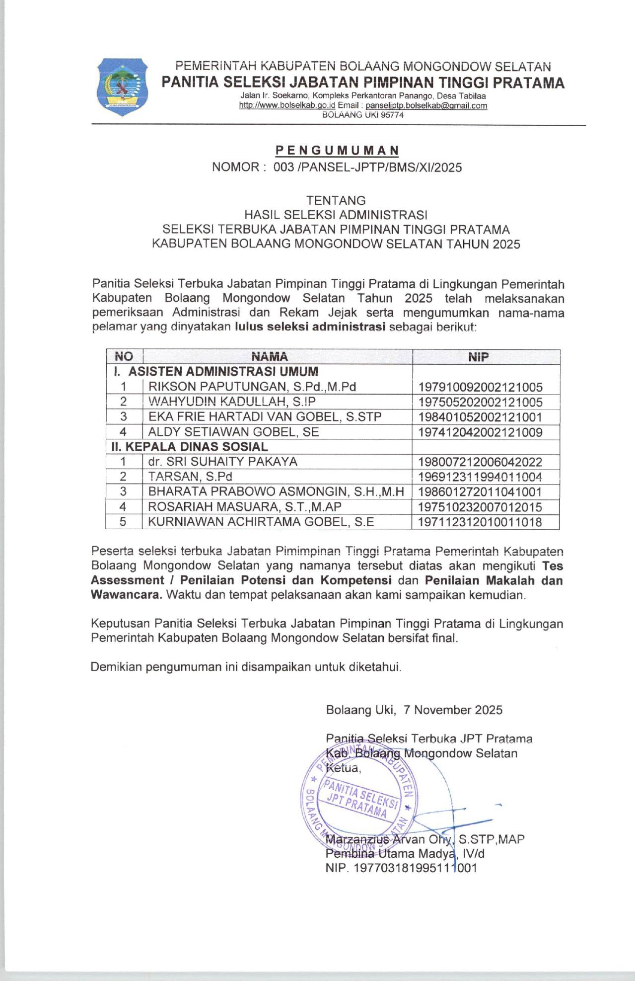 Pengumuman Hasil Seleksi Administrasi Seleksi Terbuka Jabatan Pimpinan Tinggi Pratam