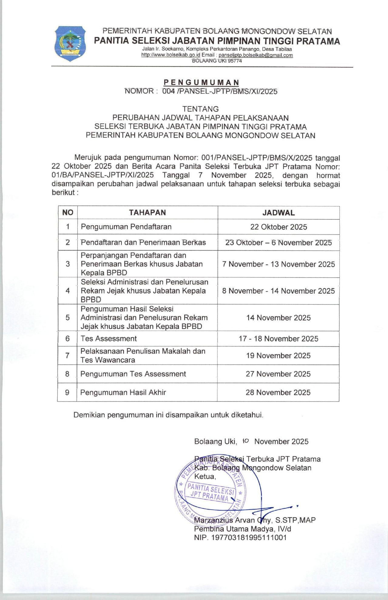 Pengumuman Perubahan Jadwal Pelaksanaan Selter